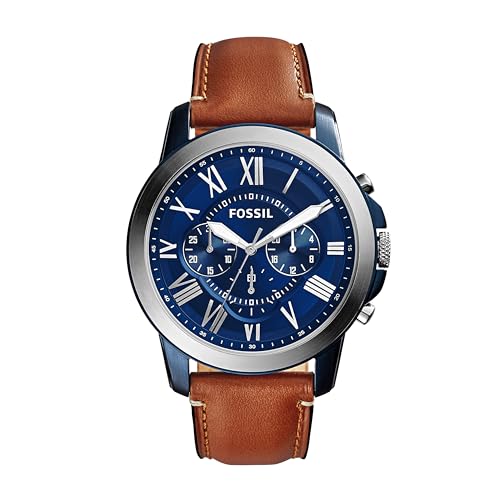 Fossil Relógio masculino Grant com mostrador de cronógrafo e pulseira de couro genuíno ou aço inoxidável, Prata/azul, One Size, Grant - FS5151