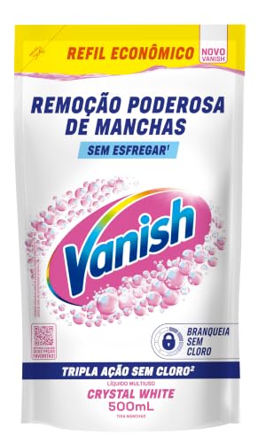 Tira Manchas Líquido Vanish White refil 500ml para Roupas Brancas. Sem Cloro, remove manchas sem danificar os tecidos e deixa o branco até 5 tons mais branco. Confie em Vanish.