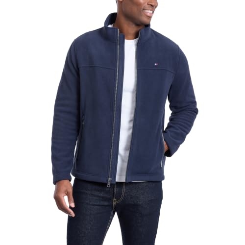 Tommy Hilfiger Jaqueta masculina clássica de lã polar com zíper frontal, Azul marino, M