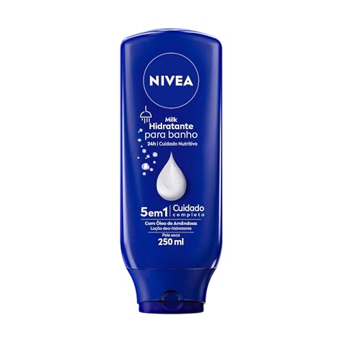 NIVEA Hidratante para Banho Milk 250ml, Cuidado Nutritivo 24h, Uso no Banho, Óleo de Amêndoas, Sensação de Maciez, Pele Seca