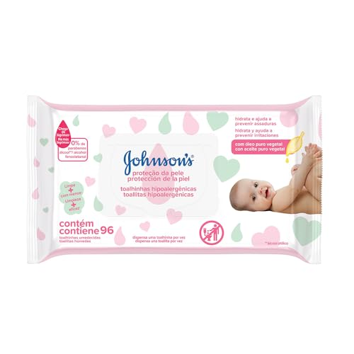 Lenços Umedecidos Johnson's Baby Proteção da Pele, 96 Unidades | Hipoalergênico, Com Óleo Vegetal, Testado por Pediatras