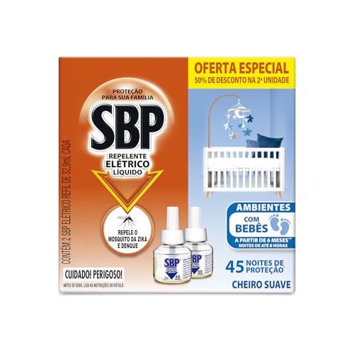 Repelente Elétrico Líquido SBP 45 Noites Cheiro Suave com 2 unidades de 32.9ml