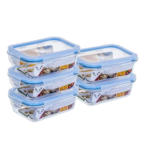 `Na compra de 6 unidades` - Kit com 5 Potes de Vidro Gato Panda, 640 ml, Retangular, com Tampa Hermética, Azul