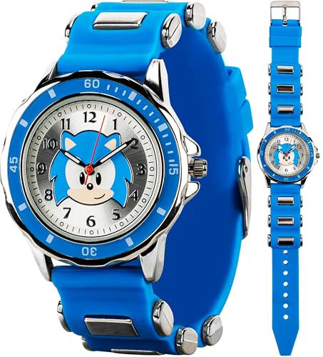 Relógio analógico infantil Sonic The Hedgehog - pulseira azul clássica, mostrador de ensino do tempo, durável e resistente à água, caixa de lata colecionável incluída, Relógio analógico sônico