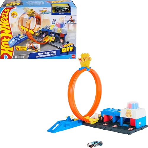 Kit Pista Hot Wheels Super Delegacia de Polícia Mattel. Pista com lançador, prisão de vilões e cenário urbano cheio de ação. Para crianças a partir de 4 anos.