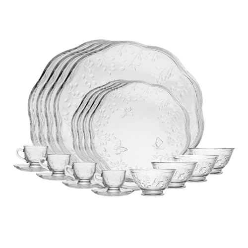 LYOR - Jogo de Jantar 20 peças New Butterfly em Cristal Ecológico - 4 Xícaras 135ml com Pires, 4 Bowl, 4 Pratos Raso e 4 Pratos para Sobremesa.