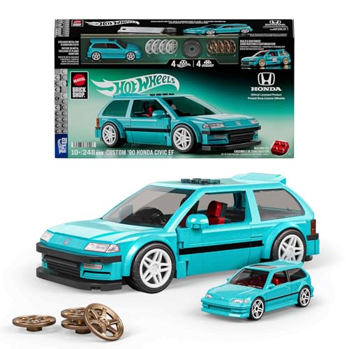 Mattel Brick Shop Hot Wheels 1990 Honda Civic EF Speed Series Custom Building Set with 248 Pieces, Realistic Details and Customization Stickers, JHF62