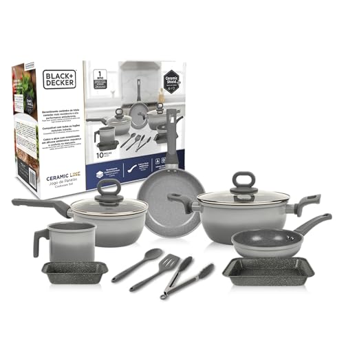 BLACK+DECKER JOGO DE PANELAS 10 PEÇAS CERAMIC LINE - CORPO COM REVESTIMENTO CERÂMICO ANTIADERENTE COM ACABAMENTO GREY GRADIENT, BASE COMPATÍVEL COM INDUÇÃO
