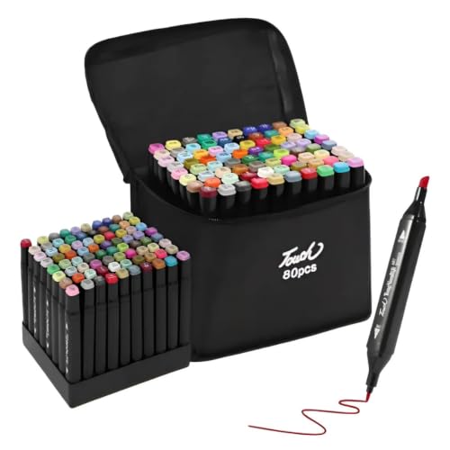 Kit 80 Caneta Marcadora de Ponta Dupla Canetinha Colorir Com Estojo Organizador e Base, Pontas Duplas, conjunto de marcadores de alcool permanentes de esboço para crianças, adultos, pintar PREMIUM