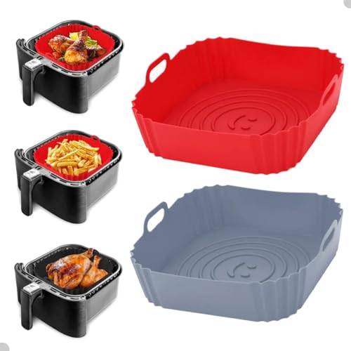Kit 2 Formas de Silicone Quadrada para Air Fryer, Antiaderente 19x19x5 cm - Forma Cesta Reutilizável de Fritadeira, Forro Assadeira (Cor Sortida) - Premium