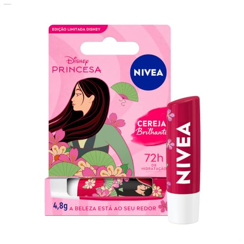 NIVEA Hidratante Labial Cereja Brilhante Ed. Limitada Mulan Disney® Princesa 4,8g, 72h de hidratação, lábios macios e saudáveis