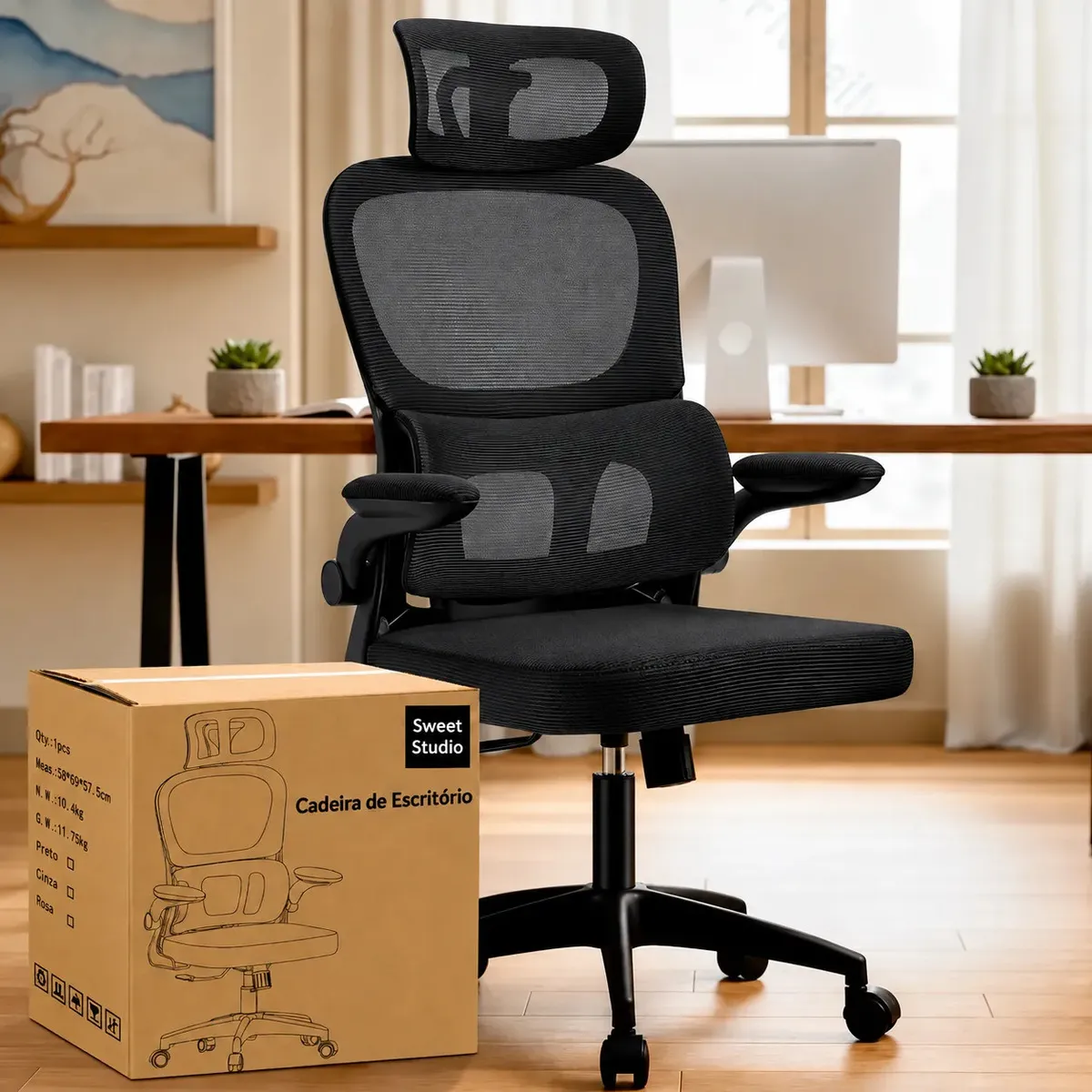 Cadeira De Escritorio Sweet Studio Ergonomica Preta Com Apoio De Cabeca E Suporte Lombar