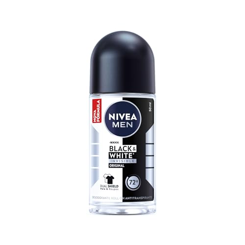 NIVEA MEN Desodorante Antitranspirante Roll On Invisible Black & White 50ml - Proteção prolongada de 48h, cuidado suave, ação antibacteriana, fórmula 5 em 1: anti-manchas, anti-odor