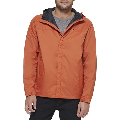 Tommy Hilfiger Jaqueta masculina leve, respirável, impermeável, com capuz, laranja queimado, XGG, Laranja queimada, XX-Large