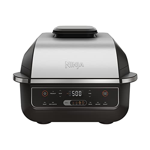 Ninja EG201 Foodi Churrasqueira interna 6 em 1 com fritura ao ar, assar, grelhar e desidratar, 2ª geração, lavável na lava-louças, preto/prata