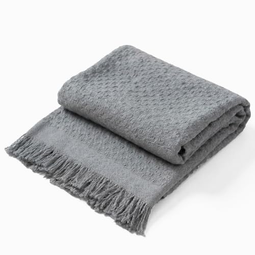 Decolab Manta para Sofá em Algodão com Franjas Artesanais | Cobertor Decorativo para Sofa, Poltrona e Cama | Estilo Boho Chic (Cinza)