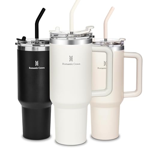 Romantic Crown Copo Térmico com Canudo Tampa e Alça 1,18L, Copos Garrafas Térmico para viagem vácuo dupla camada aço inoxidável, Caneca Térmica Cafe Água Chá,Presente, Fitness (Creme)
