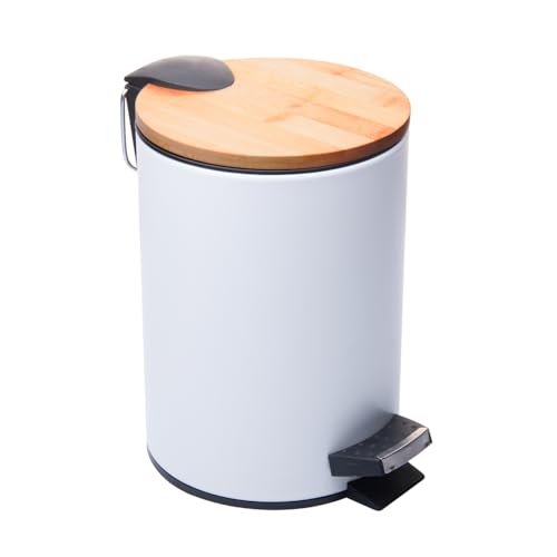 LYOR - Lixeira Redonda De Metal Com Pedal e Tampa Em Bambu Branca 5L
