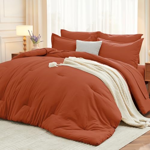 MUXHOMO Conjunto de edredom Queen, 7 peças, cama macia em uma bolsa, tamanho Queen, todas as estações, lençol de cima, lençol com elástico, fronhas e fronhas, laranja queimado