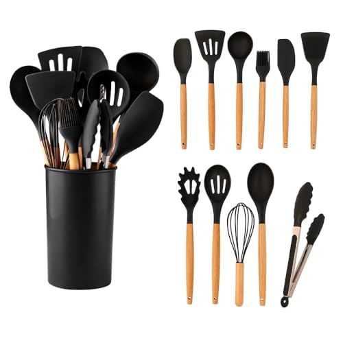Kit Utensílios de Cozinha Silicone 12 Peças com Cabo de Madeira Resistente ao Calor 230°C, Antiaderente, Não Risca Panela Premium