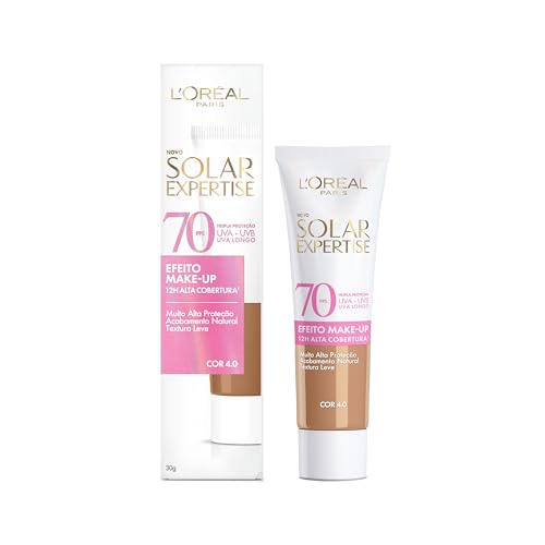 L'Oréal Paris Solar Expertise Efeito Makeup FPS 70, Protetor Solar Facial com Cor e Alta Cobertura de Base por 12H, Previne Rugas e Manchas, Cor 4.0, 40g
